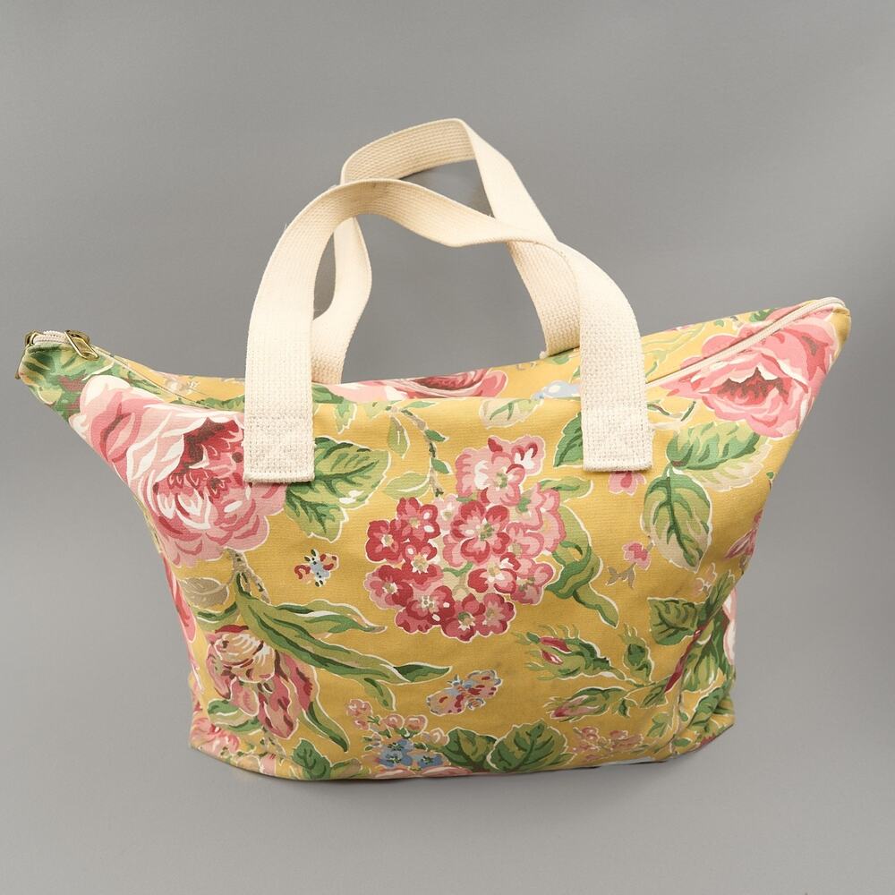 Vintage Laura Ashley Travel Bag Weekender Tote Yellow Pink Floral Canvas Zip Up